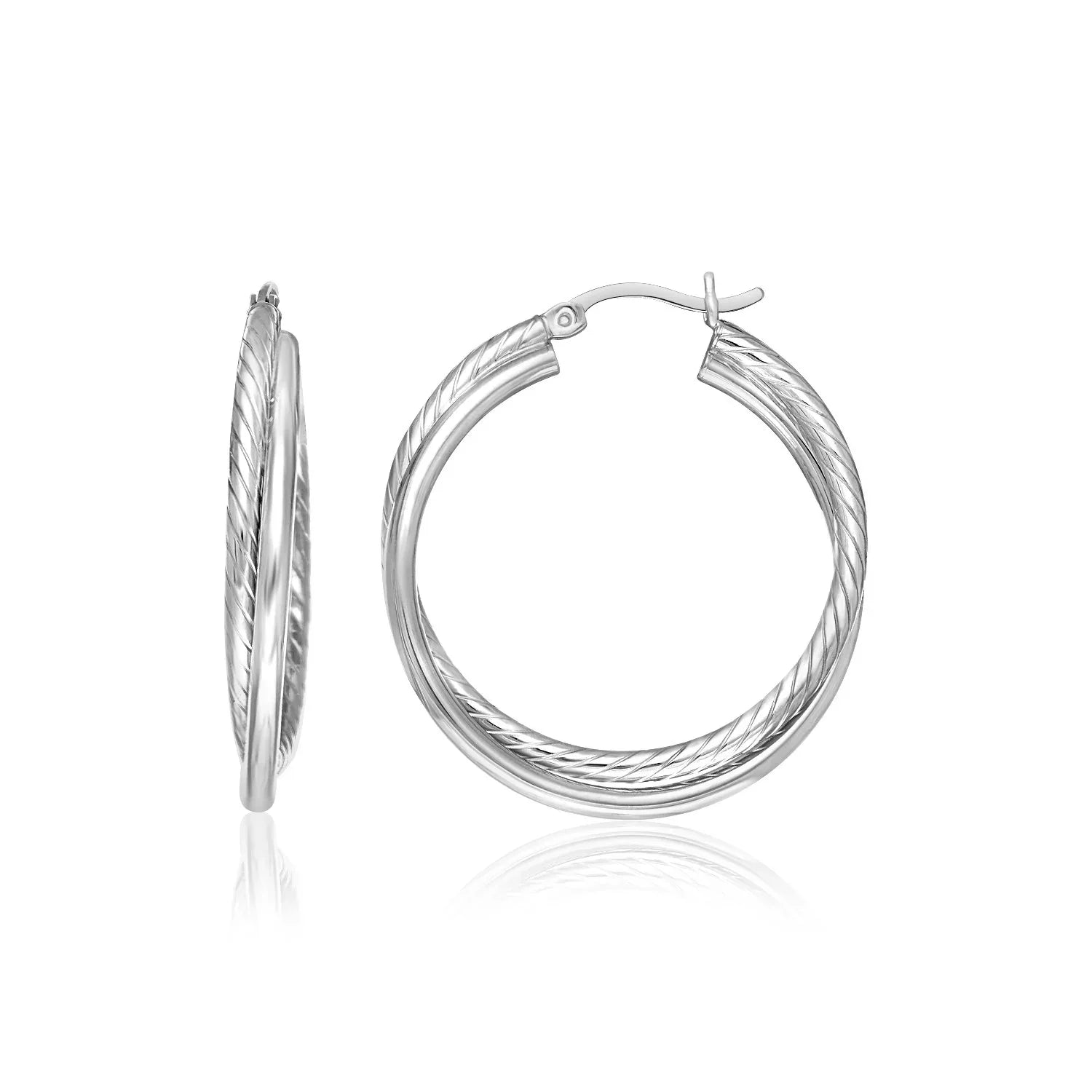 Sterling Silver Ridged Hoop Earrings with Textured Design - Peelerie